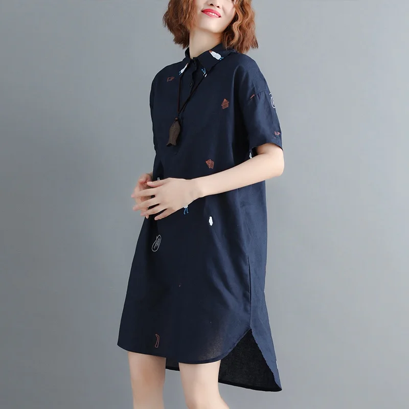 플러스 사이즈 여성 여름 느슨한 예술적 슬리밍 드레스 코튼 린넨 반소매 셔츠 드레스 스트레이트 컷 통근 스타일