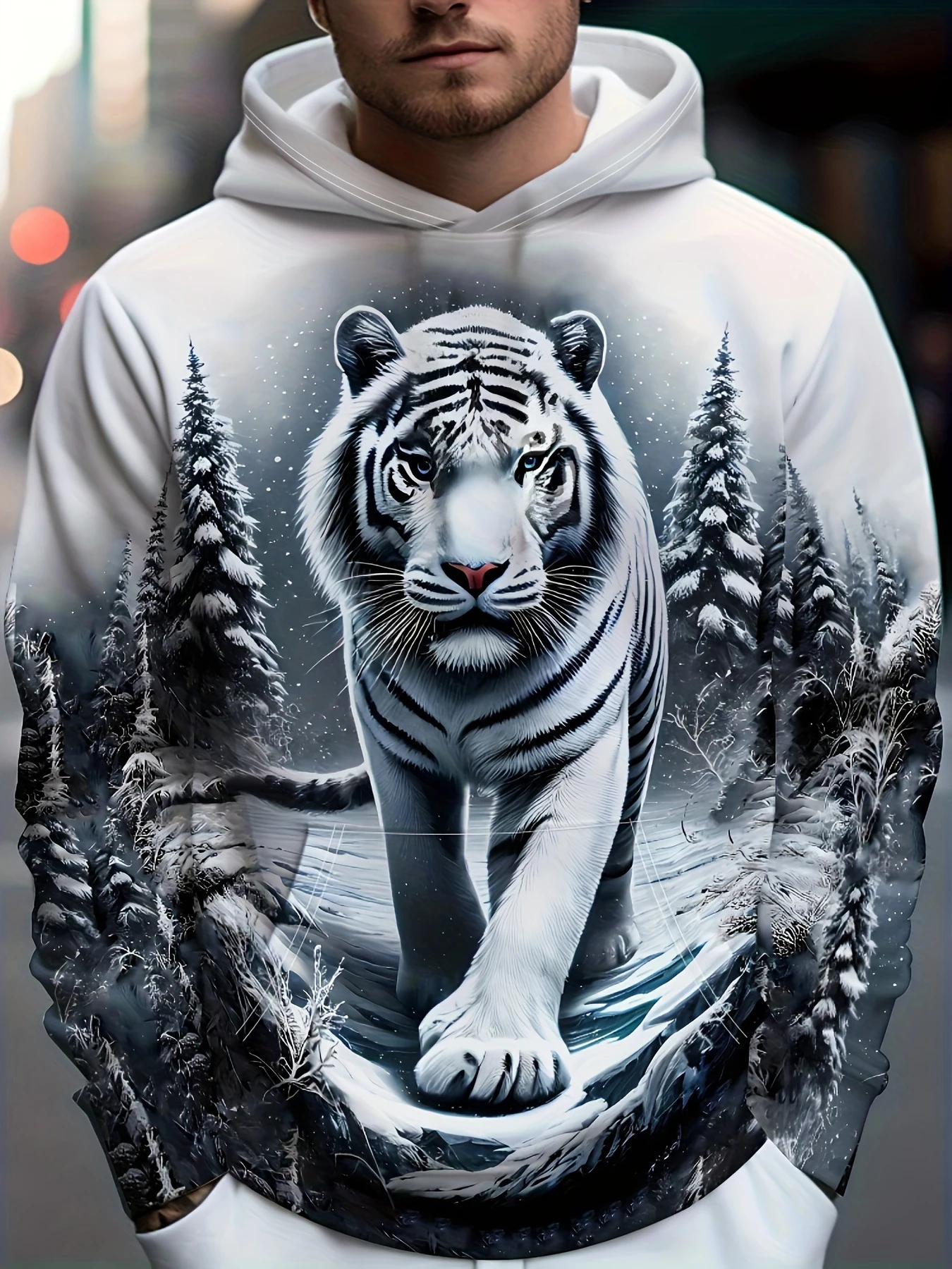 

Men's White Tiger Snowy Forest Print Hoodie Stylish Animal Scenery Pattern Long Sleeve Casual Top Trendy Apparel For Daily Wear