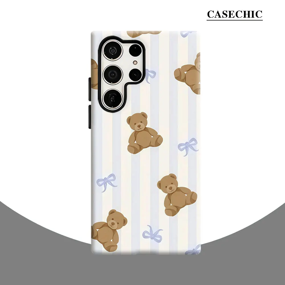 Teddy Bears with Blue Stripes Phone Case for Samsung Galaxy S26 S25 Ultra S24 S23 Ultra Plus Shockproof Double layer Back Cover