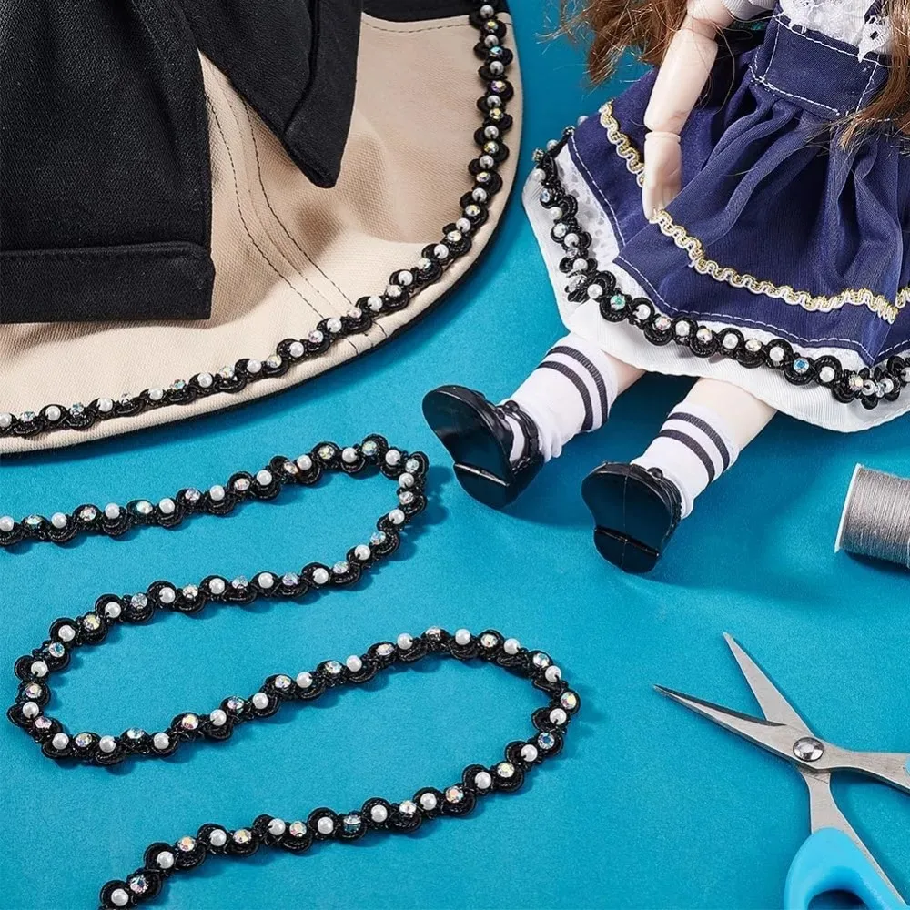 4 ياردة اللؤلؤ الدانتيل تقليم 3/8 بوصة أسود متموج شريطة من الدانتيل اللؤلؤ هامش حجر الراين هامش زين النسيج الأعرج الشريط صنع عدة