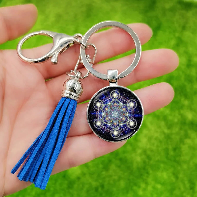 Metatron Cube Tassel Keychain for Women Girls Sacred Geometry Sri Yantra Mandala Art Handmade Glass Key Ring Party Charms