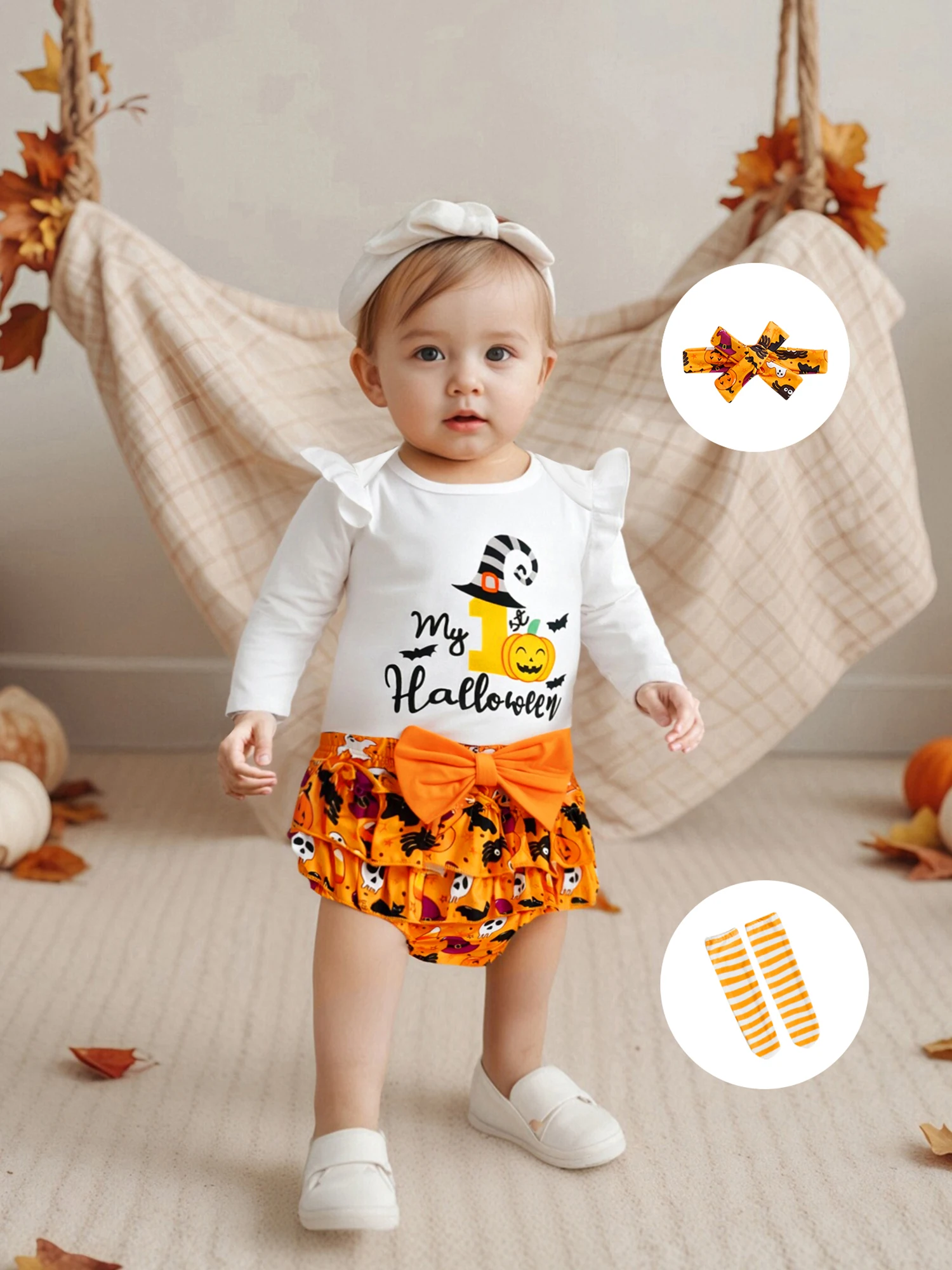 

Очаровательный наряд на Хэллоуин для маленьких девочек, комбинезон с длинными рукавами и жутким буквенным принтом, тыквенная юбка с рюшами, подходящая повязка на голову и