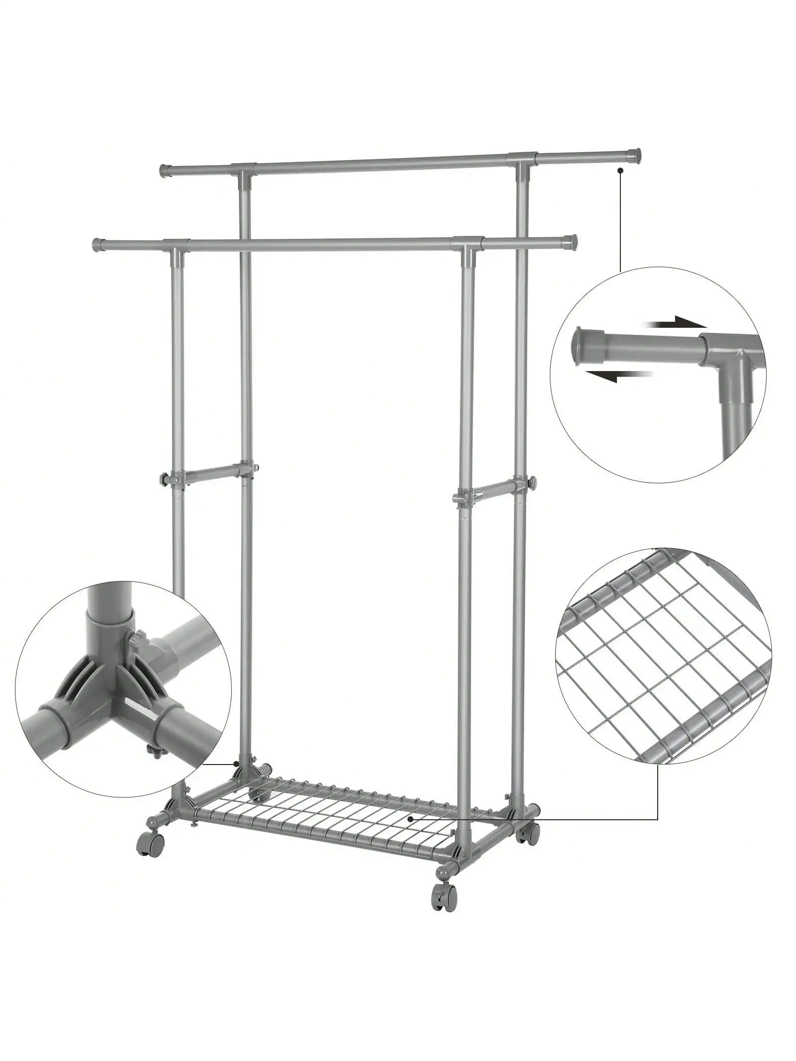 SONGMICS doppio appendiabiti: Mobile, estensibile 87-150 cm, ruote, ripiano. Carico 70 kg. Cappotti,