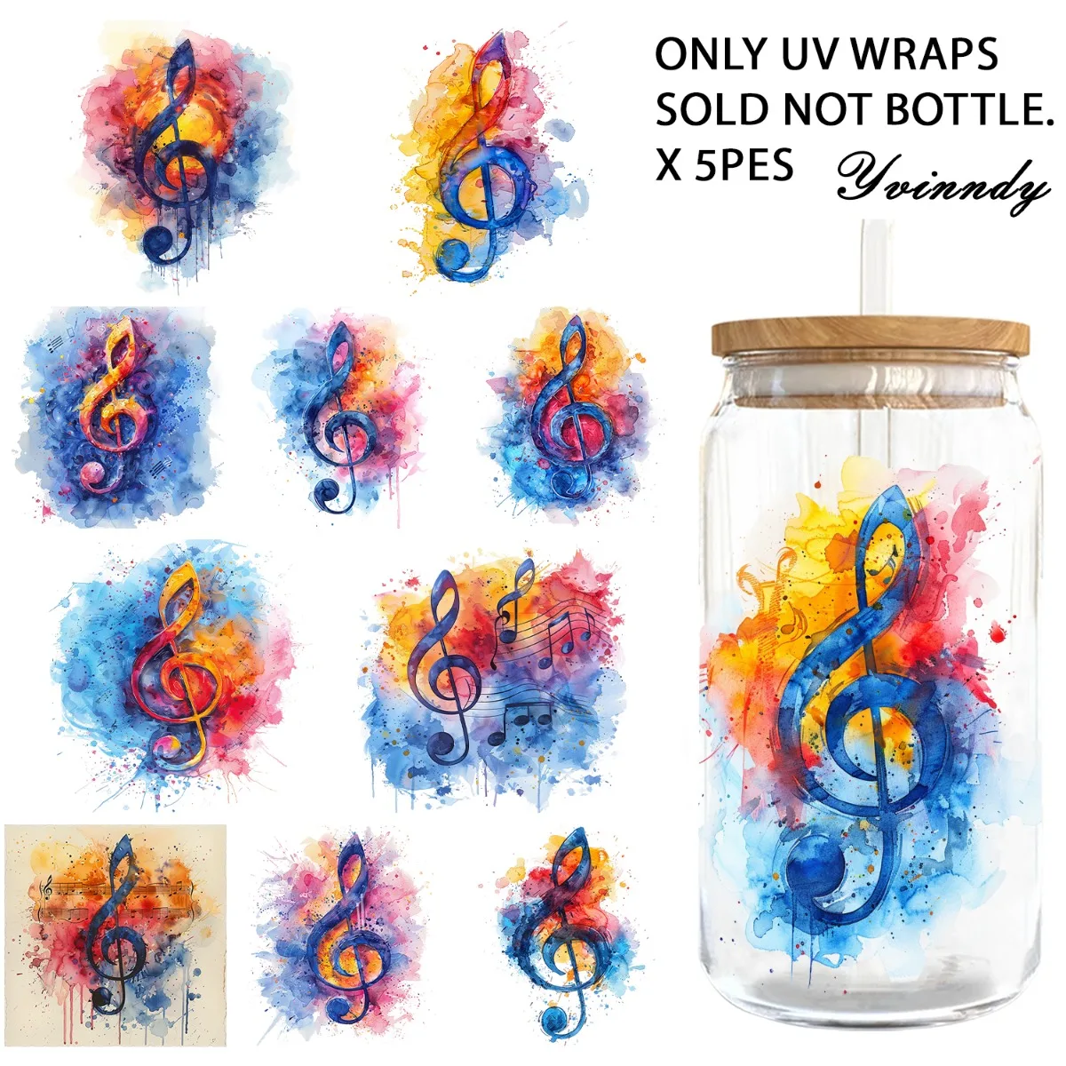 5PCS/Set Of 16OZ UV DTF DIY Transfer Paper - High-pitched Note UV DTF Waterproof Film, DIY Enthusiasts (Excluding Water Cup)