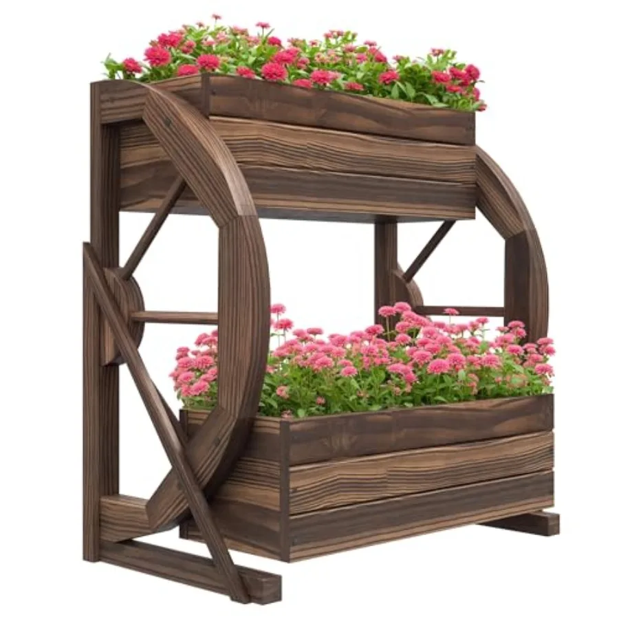 

2-Tier Raised Garden Bed Wooden Wagon Planter Boxes with Drainage Holes for Vegetables Flowers Herbs 22" x 13" x 22"