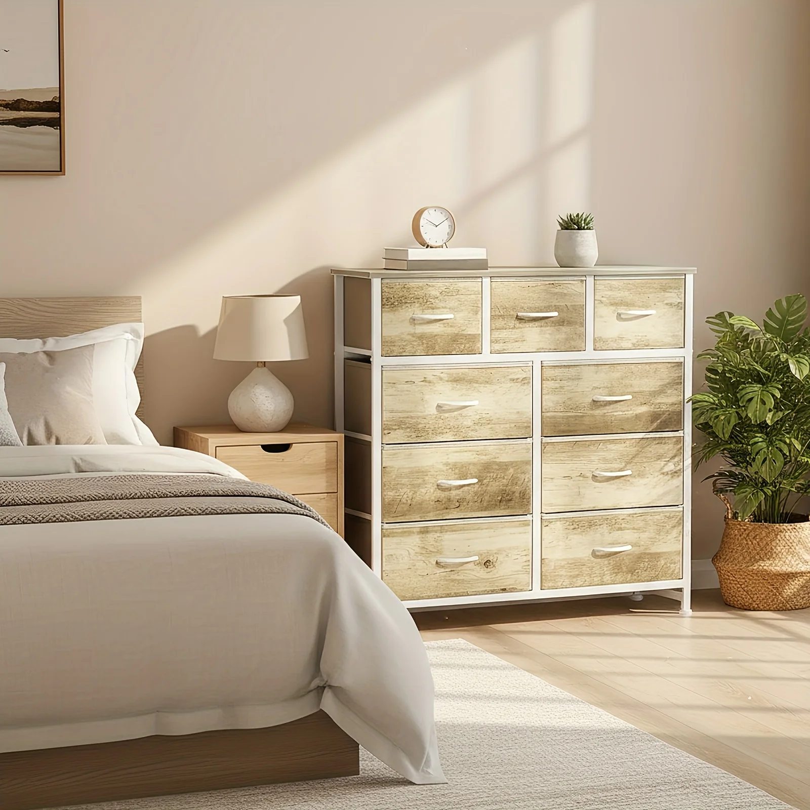

8/ 9-Drawer Style Fabric Dressing Table with Storage Box, Hallway Storage Cabinet, Wooden Roof, And Easy-Pull Handle