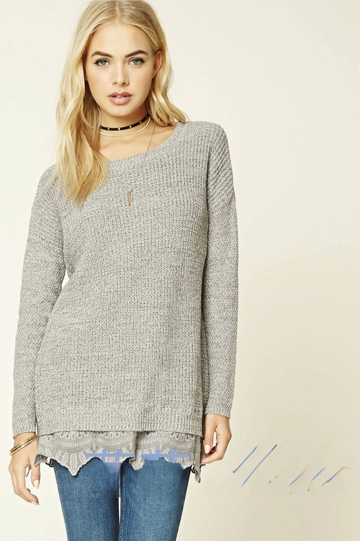 

New Pink F2 Sweet Girl Soft Lace Knitted Sweater round Ne Long Sve Regular Fit Pure Color Winter Collection