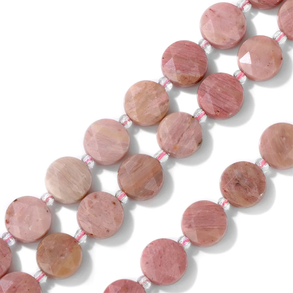 Perle de pierre ronde plate à facettes naturelles, entretoise en forme de pièce de monnaie, bijoux de mode, accessoires de bricolage exécutifs, rose, bal dochrosite, adt