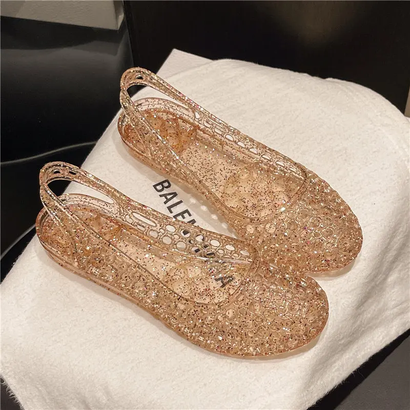 Simple Women's Hollow Sandals Adult Crystal Jelly Slippers College Student Outdoor Casual Shoes Girls Hollow Peep-toe Sandals