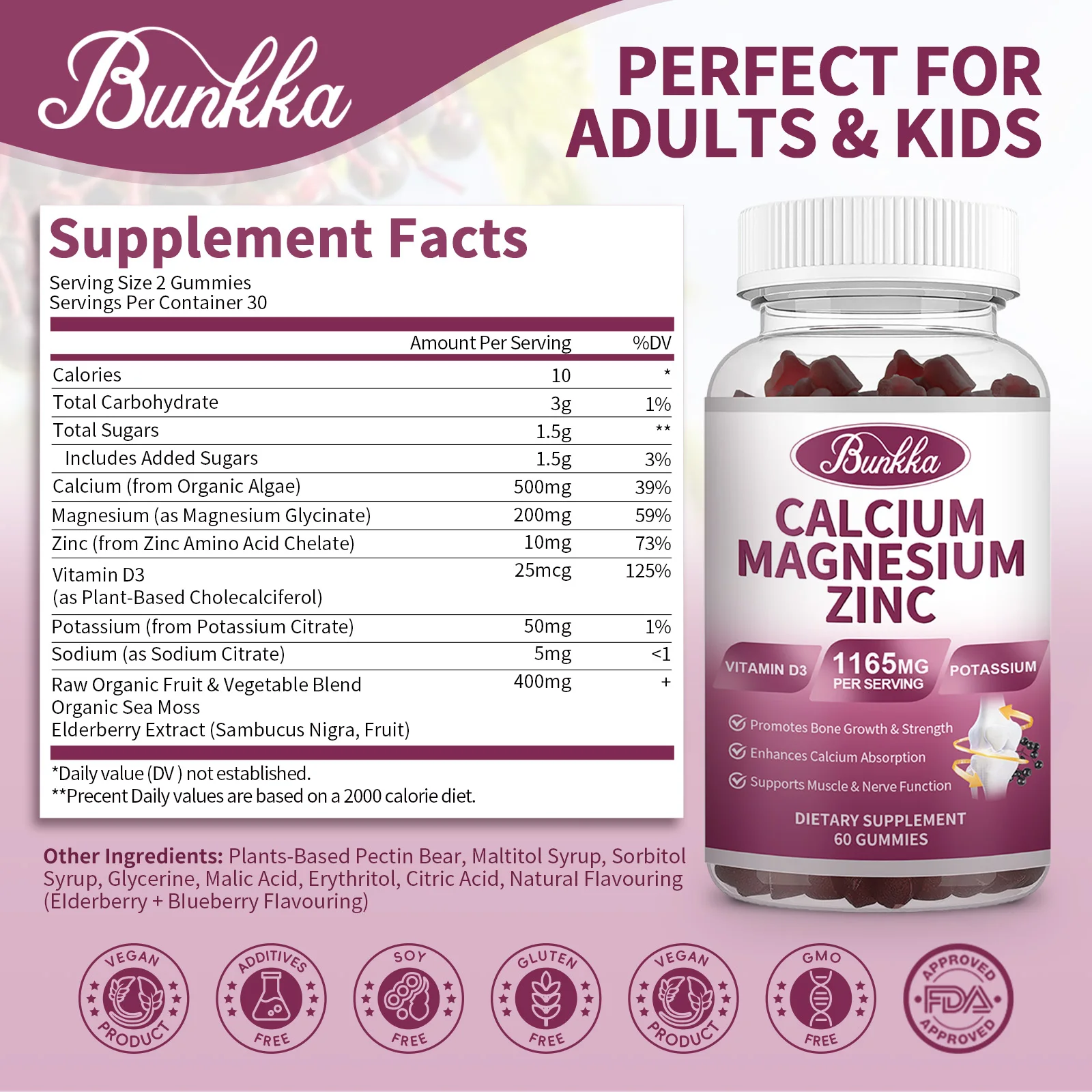 BUNKKA Calcium Magnesium Zinc Gummies with Vitamin D3 Potassium Magnesium Bone Growth&Strength Muscle Builder Sleep Quality