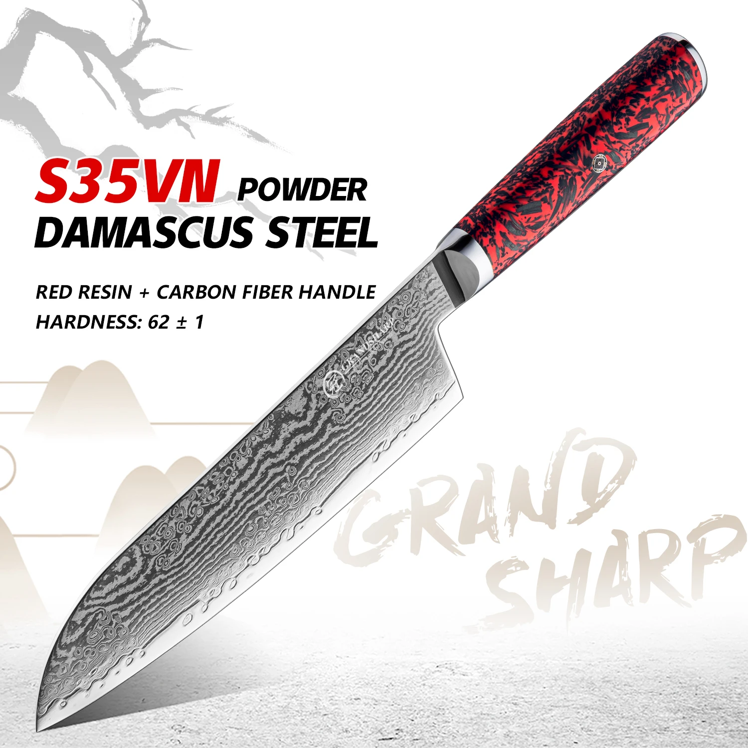 

Grandsharp дамасская сталь S35VN порошковый сердечник 7-дюймовый нож Santoku красная смола + ручка из углеродного волокна кухонный нож Sashimi