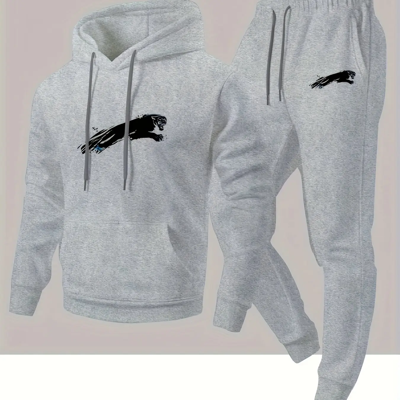 Men's street‑style black panther print hooded sweatshirt and jogging pants set - a comfortable and casual sports outfit - view 2
