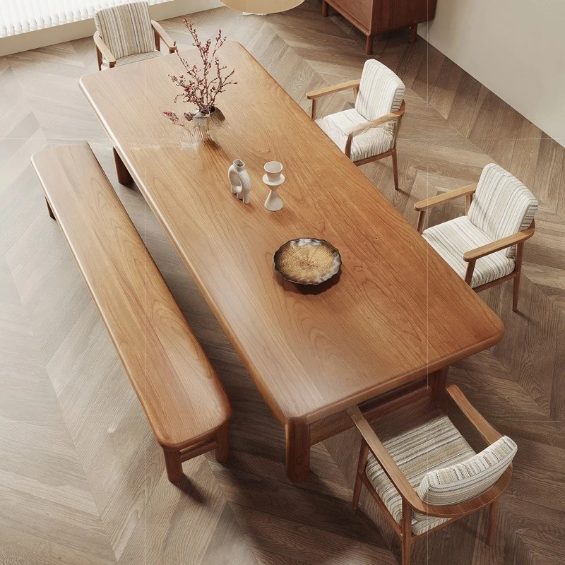 All solid wood dining table and chairs household dining table log style North American cherry wood