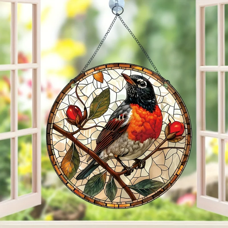 1pc Classic Style Round Robin Suncatcher Acrylic Stained Window with Hanging Chain for Home Porch Wall Decor Animal Sun Catcher