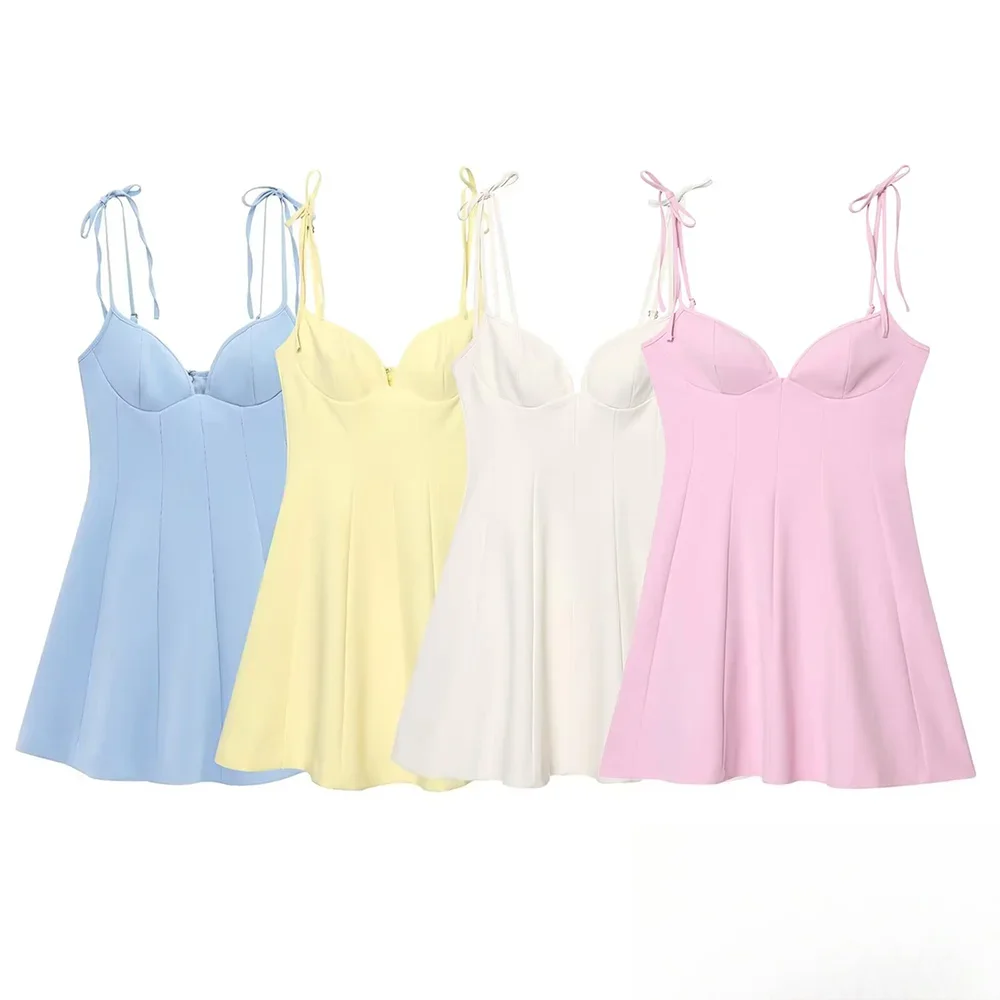 KONDALA-Mujeres otoño Sexy vestido delgado Cami pajarita Mini vestido amarillo rosa Beige nuevo 2025 moda de verano vacaciones playa Mujer vestido