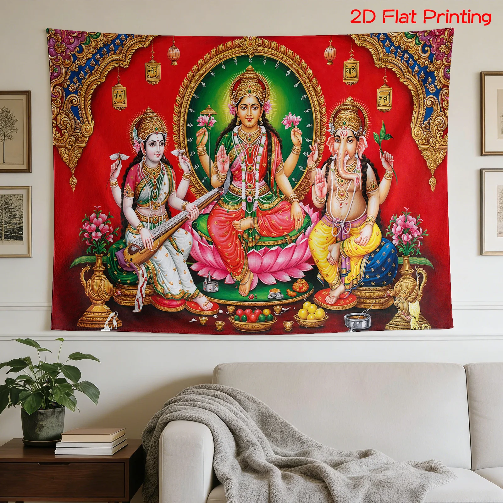 Hindu Gods Tapestry, Ganesha Lakshmi Saraswati Wall Hanging Red Indian Deity Art Decor Spiritual Yoga Room Meditation Background