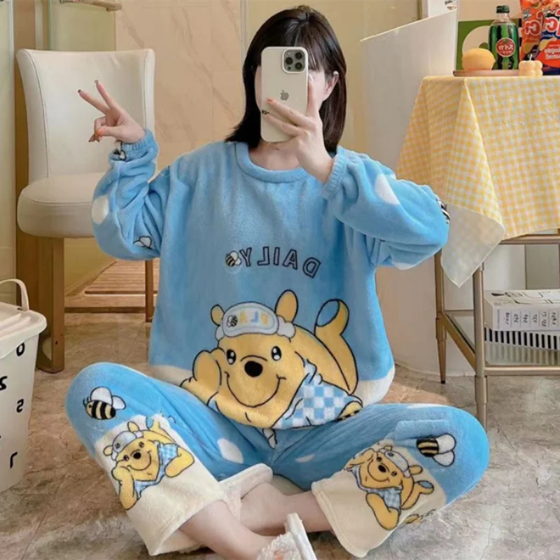 Pijamas de Disney, conjunto cálido de dos piezas para invierno, ropa de descanso de Winnie the Pooh, ropa de descanso de Disney, pijamas de Winnie the Pooh de dibujos animados bonitos