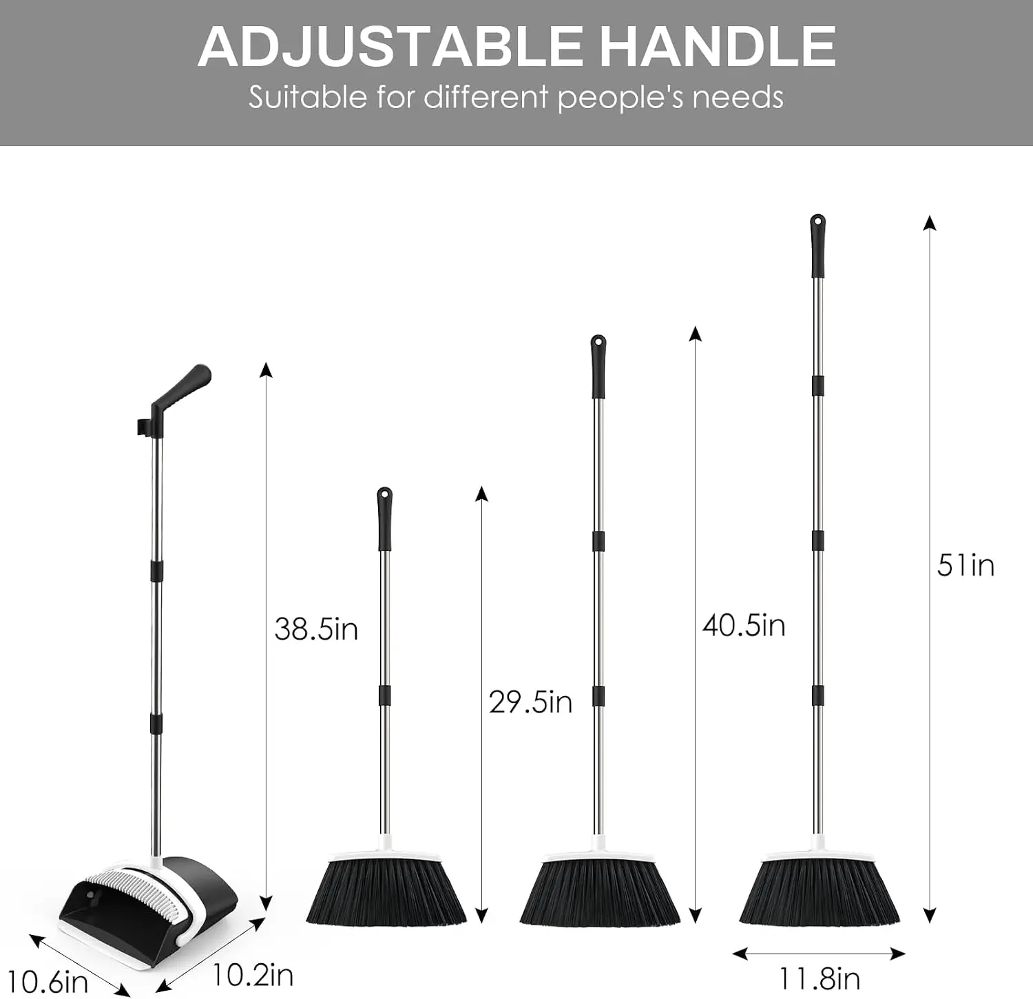 Broom & Dustpan Set, 51in Adjustable Angle, Comb Teeth, Black/White