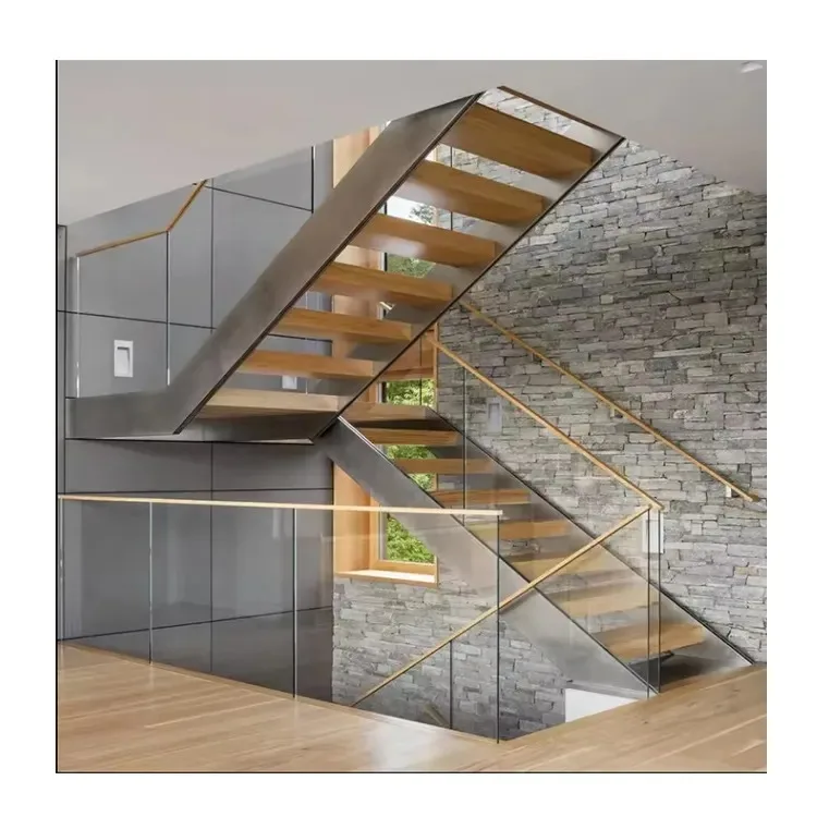 سلم زجاجي خشبي مستقيم حديث داخلي على الوجهين للفيلا أو الشقة تطبيق الطابق الثاني مع درابزين زجاجي #1