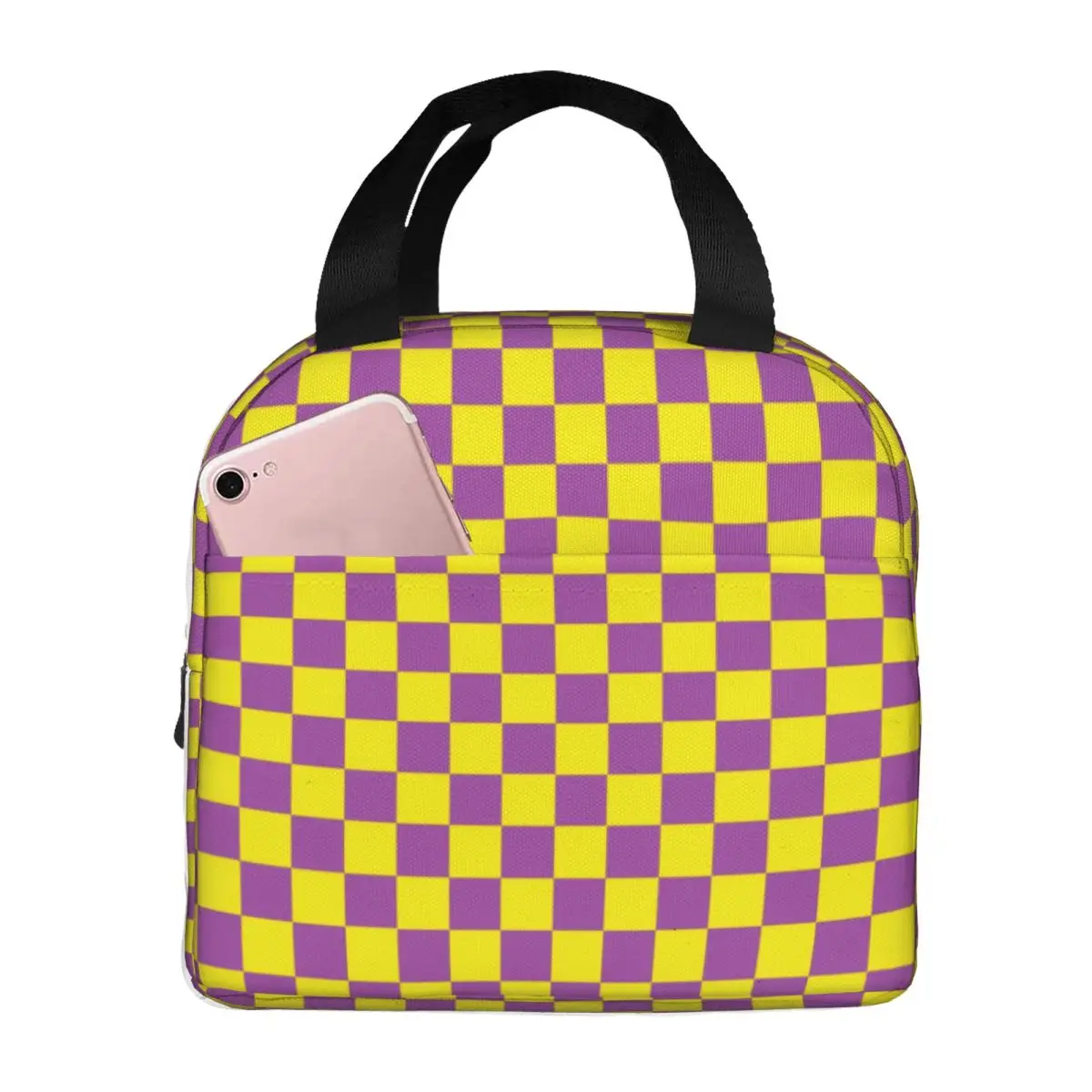Checkered Purple And Yellow Checkerboard Plaid Lunch Bag Men Women Cooler Warm Insulated Lunch Boxes for School