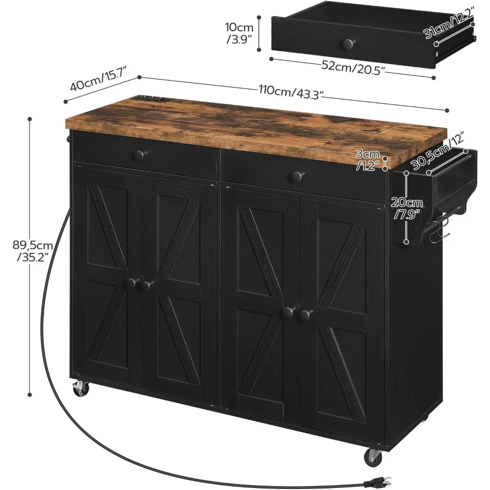 43,3-Zoll-Kücheninsel mit Ladestation, rollende Kücheninsel mit Stauraum, Kücheninselwagen mit Gewürzregal und Haken