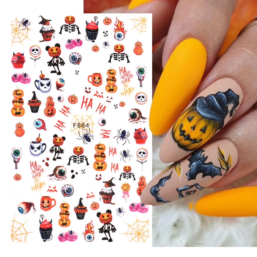 3D Halloween Schedel Nail Art Stickers Leuke Pompoen Horror Ghost Decals Druipende Bot Vleermuis DIY Manicure Slides Decoratie Tips JIF