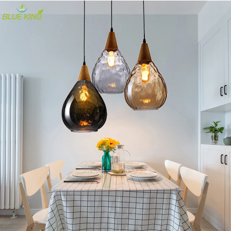 Modern Glass Pendant Lamp Clear Smoke Amber WaterDrop Suspension Light Hall Living Room Wood Hanging Ceiling Chandelier Fixture