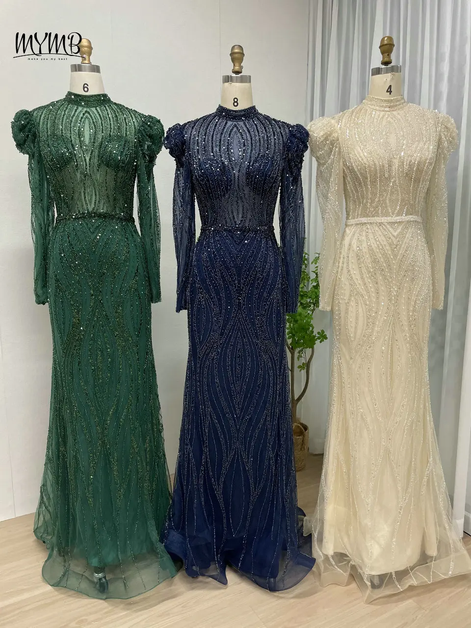MYMB Muslim High Neck Long Sleeves Elegant Mother of The Bride Dresses Stunning Mermaid Beaded Evening Gowns for Women Party