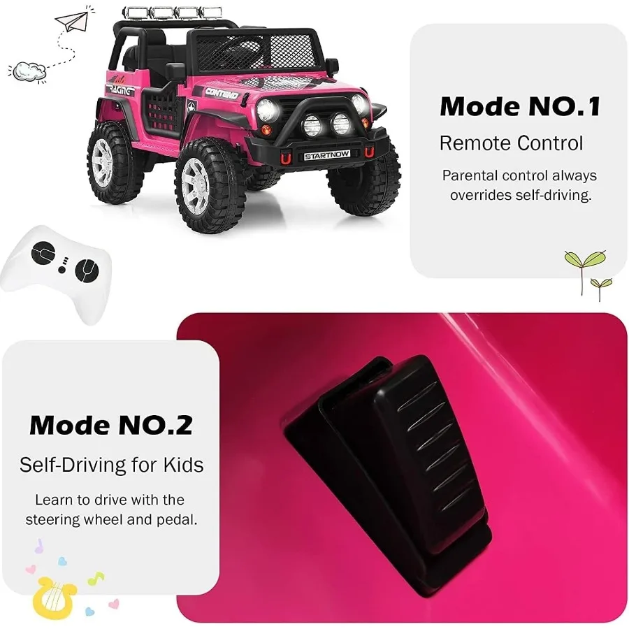 2人乗りトラック型電動乗用玩具、12Vバッテリー駆動、リモコン付き、2段階速度調整、スプリングサスペンション、LEDライト、ホーン、音楽機能付き