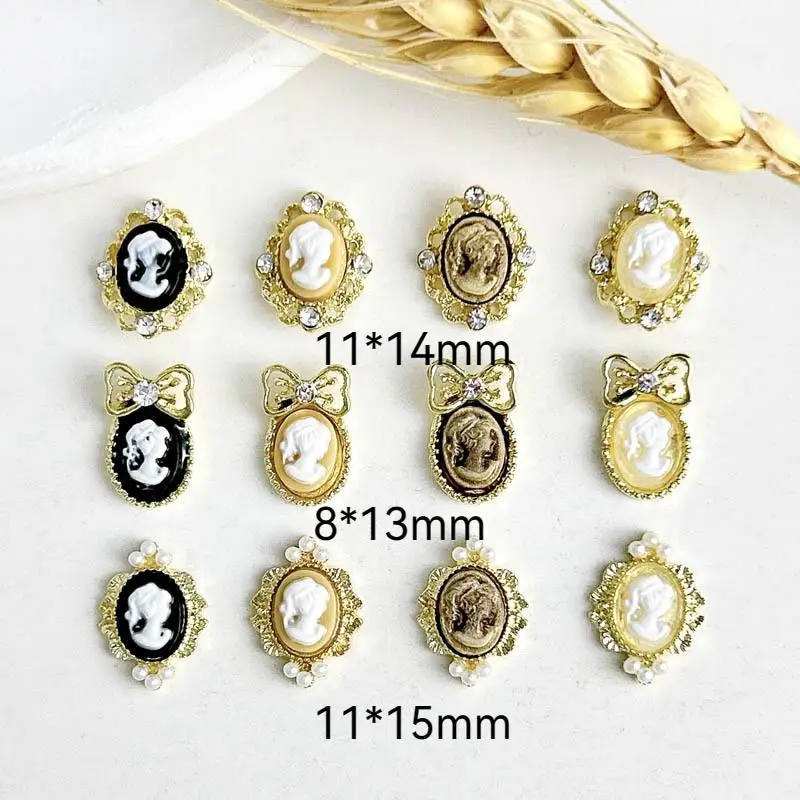 10PCS Light Luxury Retro Bow Beauty Head Nail Art Decorations 3D Realistic Baroque Figure Nail Charms for DIY Nail Accessories