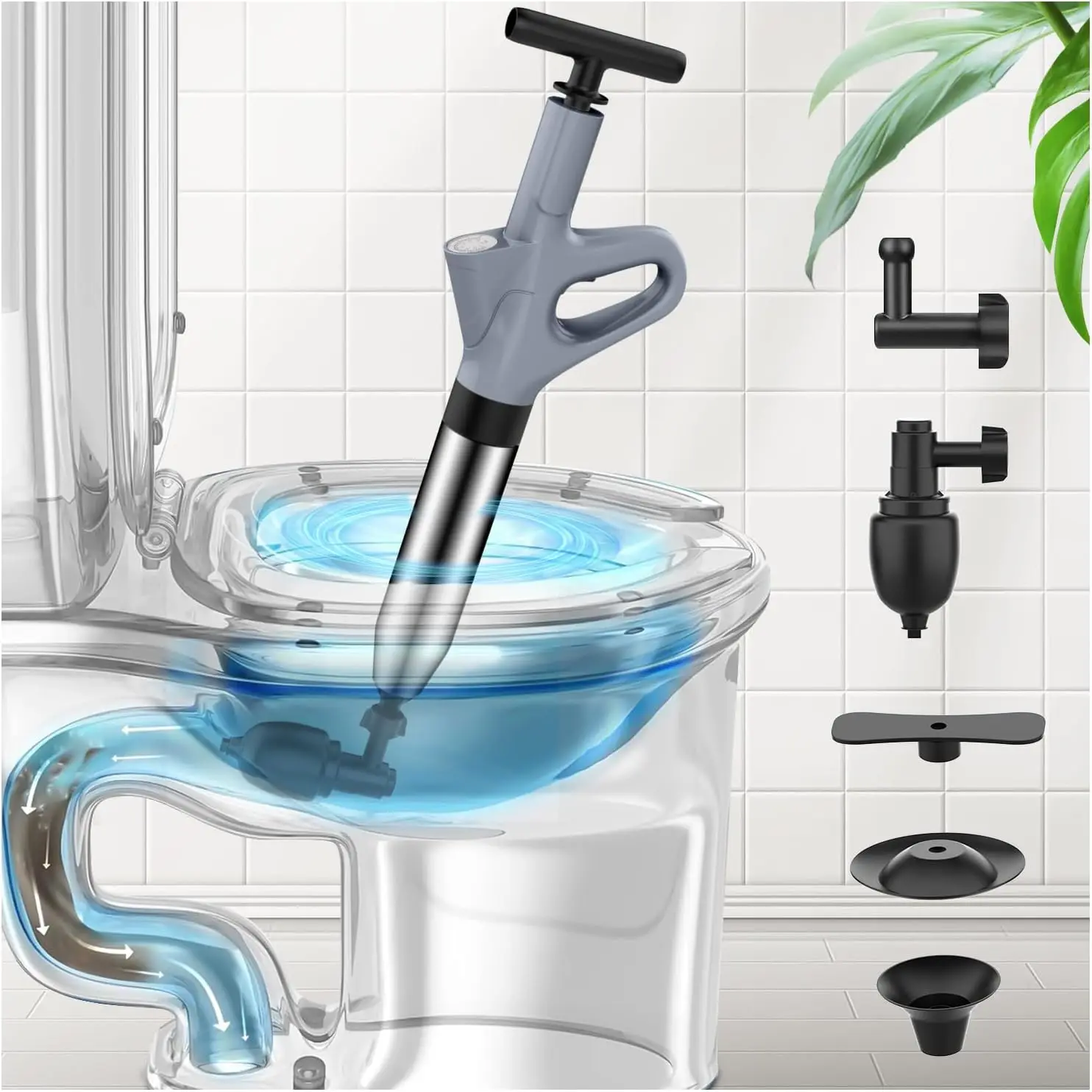 

High Pressure Toilet Plunger with Real-Time Air Drain Blaster, Heavy Duty for Bathroom and Plumbing Clogs in Grey