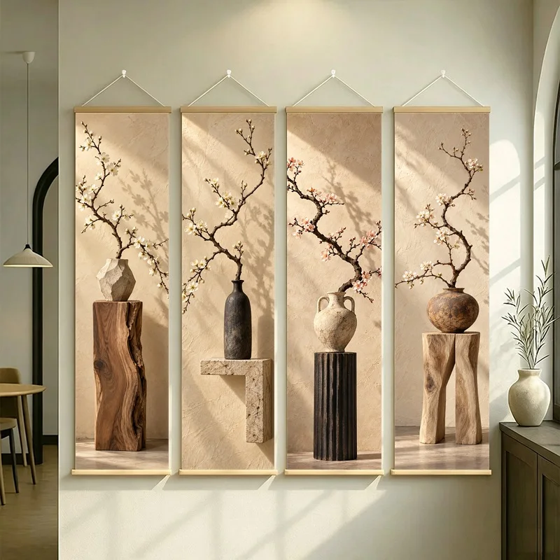 Wall Art Crabapple Blossom and Pear Blossom, Serene Wabi-Sabi Botanical Silver Shimmer Canvas Hanging Scroll for Tea Room