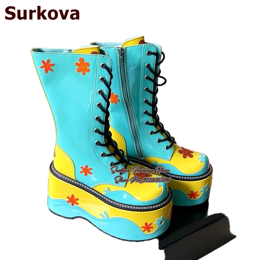 Turquoise Color-Block Floral Platform Mid-calf Boots Women Lace-Up Wedge Heel Thick Sole Y2K Rave Printed Cosplay Middle Boots