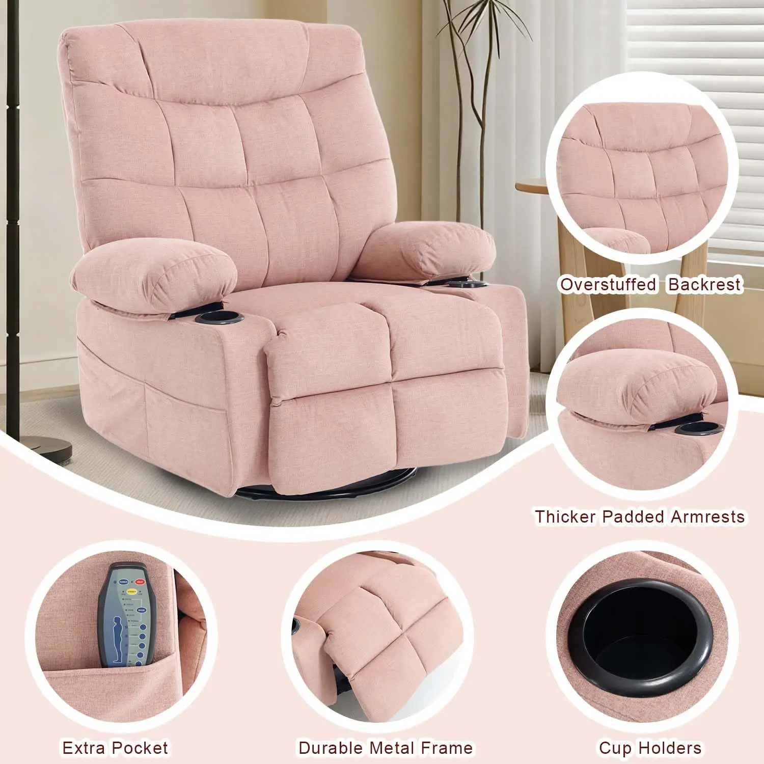 Swivel Rocker Recliner Chair With Massage And Heat, Fabric Heated Reclining Chairs Manual Recliner For Adults, Nursery Rocking G