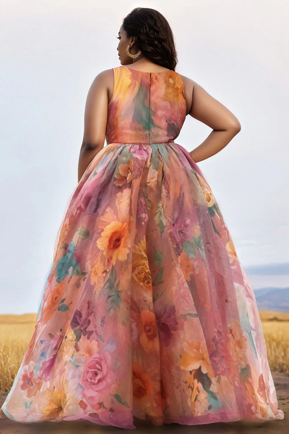 Plus Size Wedding Guest Pink Floral V Neck Tulle Maxi Dresses