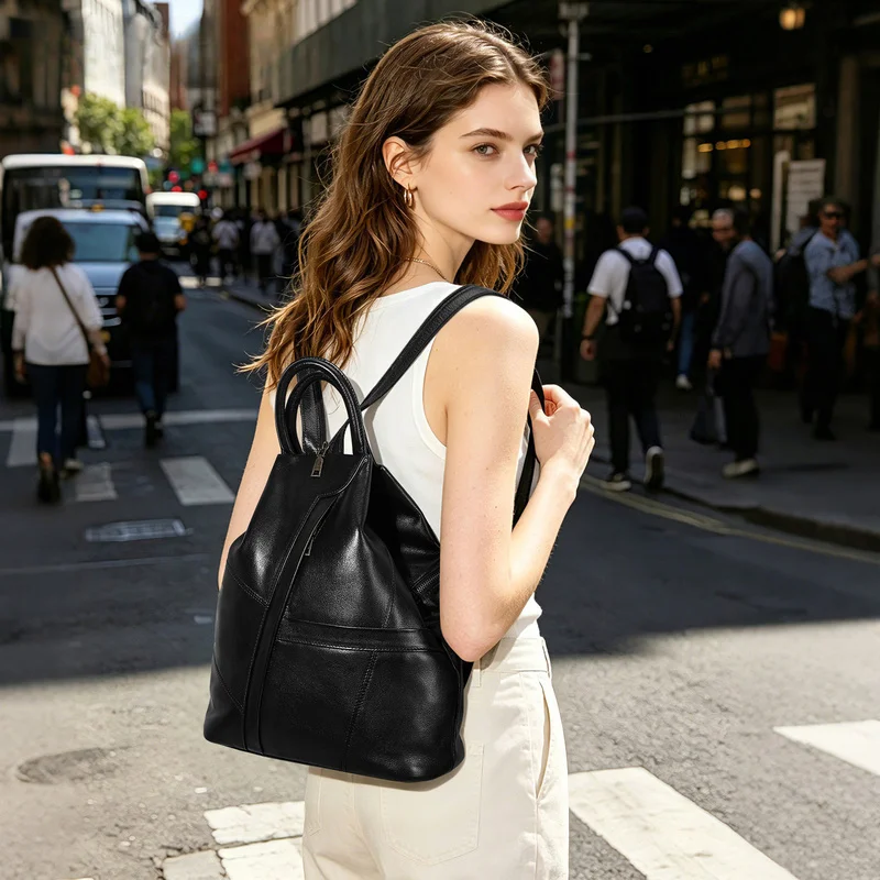 Leather double-shoulder backpack high-quality women's bag for business commuting and portability double-shoulder bag for women