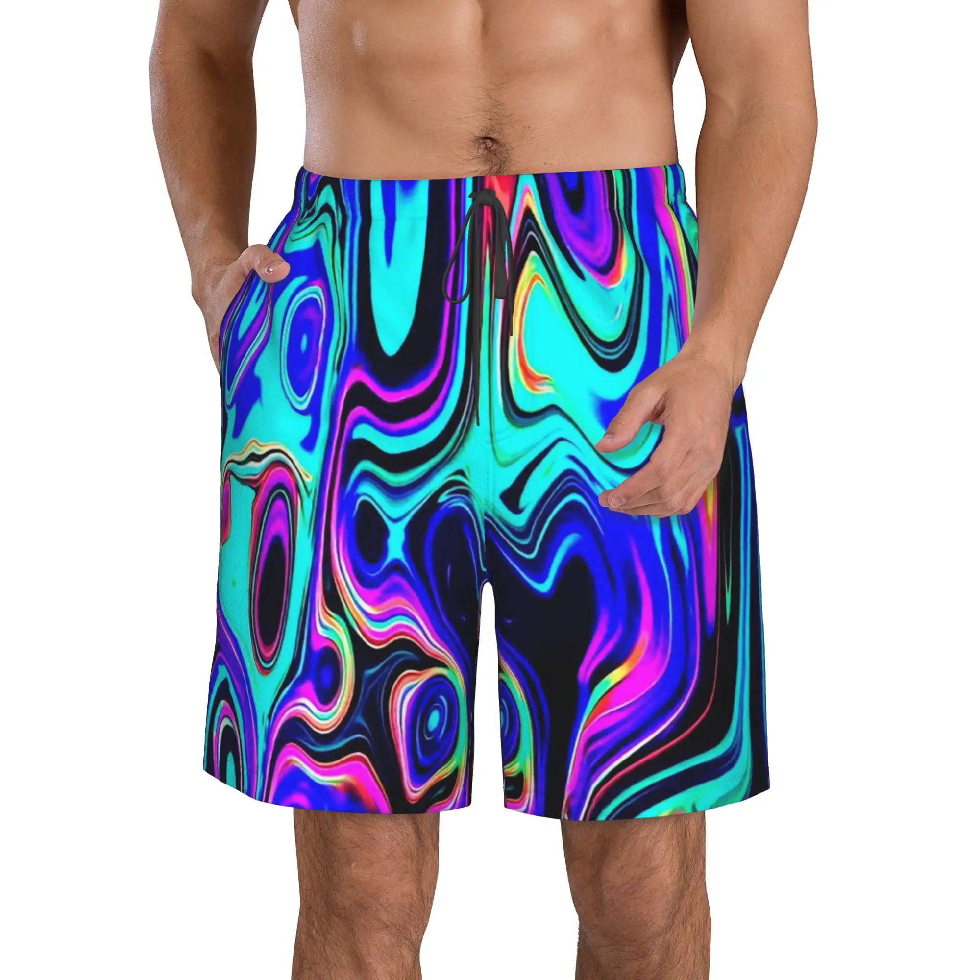 Vibrant Neon Abstract Fluid Marble Print Trunks Beach Board Shorts Casual Quick Dry Swim Summer Men Pants