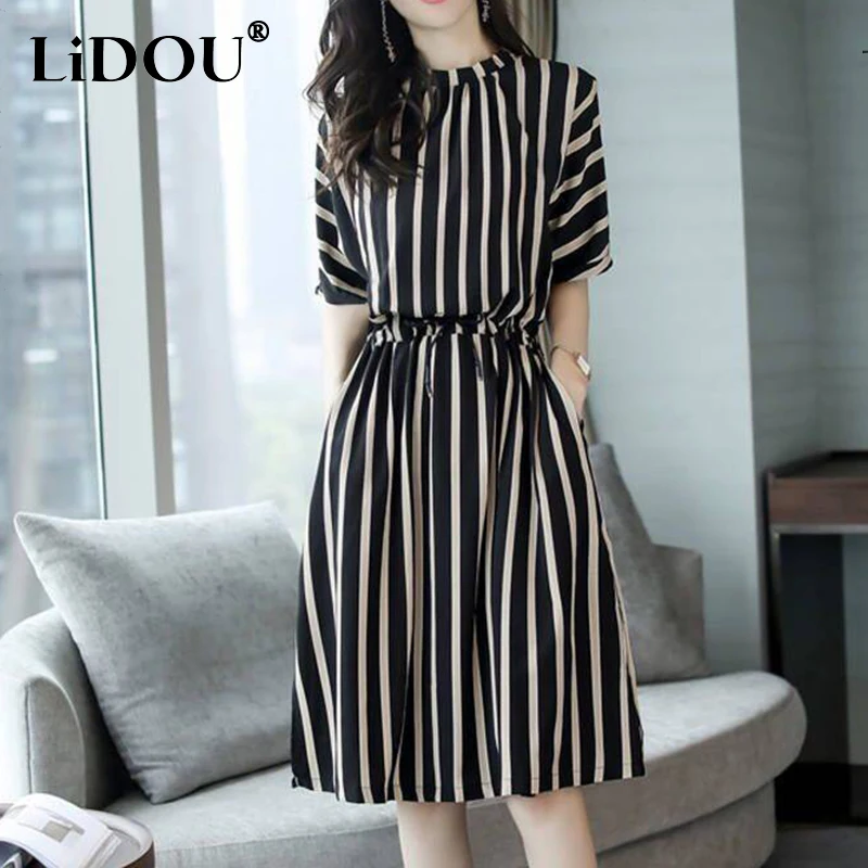 2022 Summer Korean Style Elegant Fashion Aesthetic Dress Women O Neck Waist Retraction Stripe Vestidos De Fiesta Chic Robe Femme