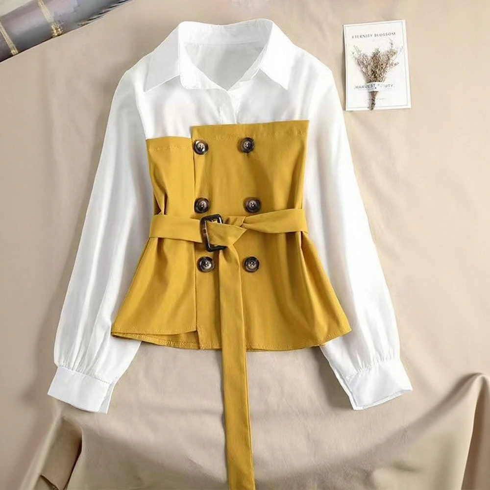 

Женские рубашки, осенне-зимние модные шикарные повседневные рубашки на пуговицах, 19220, свободные лоскутные повседневные рубашки с длинным рукавом и отложным воротником