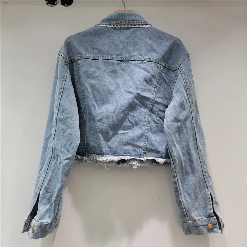 2025 Autumn Winter New Design Sense Bow Collar Lace Frayed Blue Denim Jacket Women's Jean Jacket Trendy Fashion Female Coat