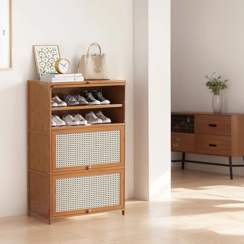 Bamboo Shoe Cabinet with 2 Flip Drawers & Door Entryway Narrow Shoe Storage Cubby 7-Tier Bamboo Free Standing Shoe Storage Shelf image 5
