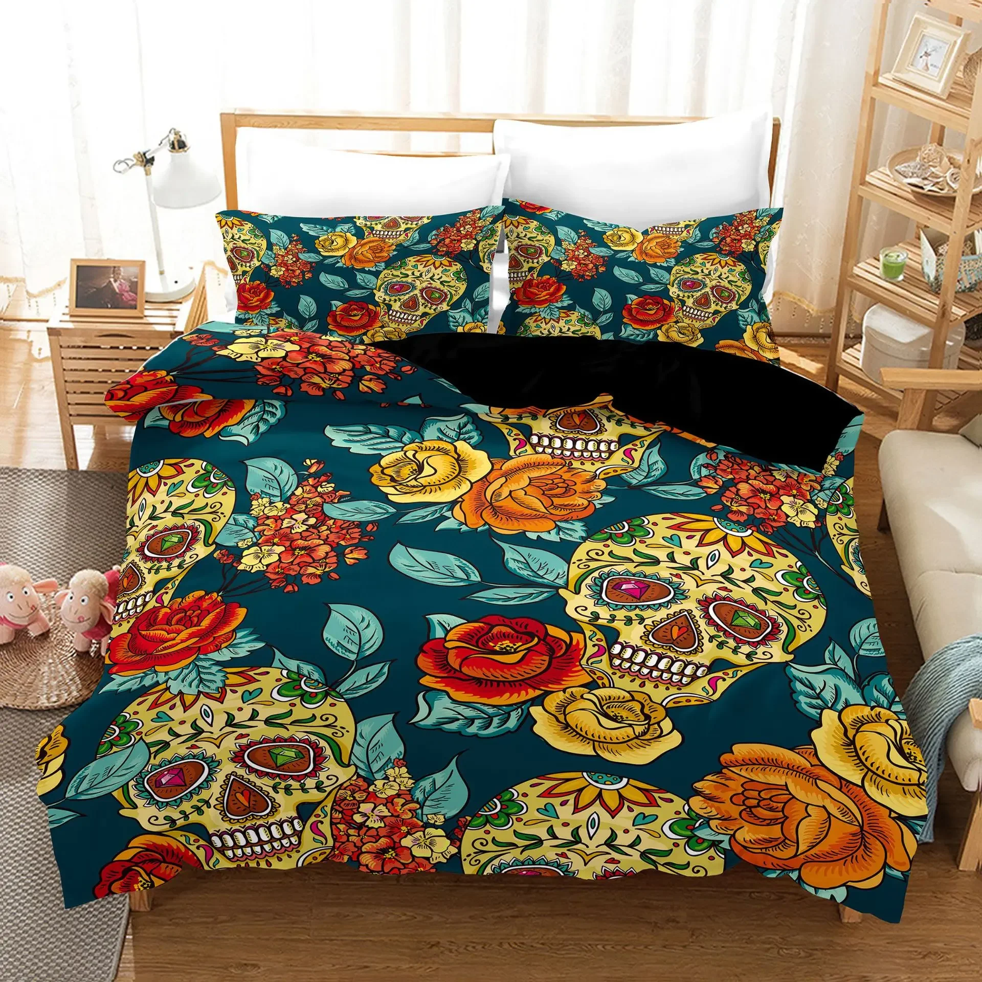 2026 Gothic Style Bedding Set Golden Skull Print Cozy Duvet Cover King Queen Twin Size Birthday Gift for Bedroom Decor