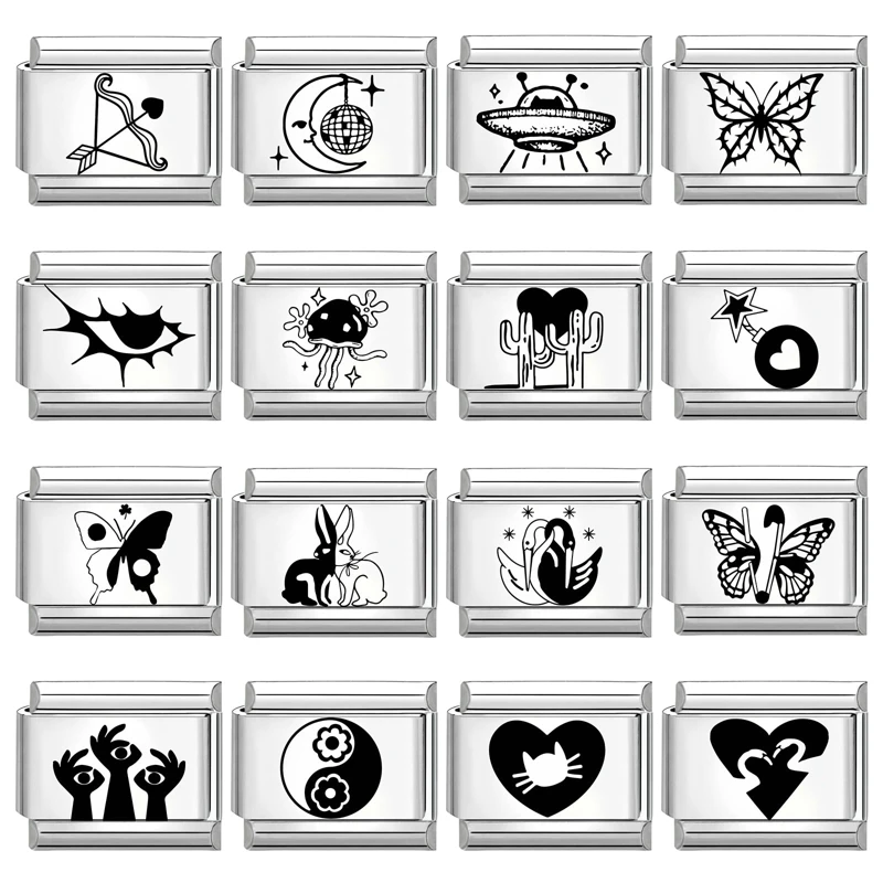 Laser Engraving Cute Cats Paw NO.8 Ball Heart Cross Sun Italian Charm Links Fit 9mm Stainless Steel Bracelet Women DIY Making