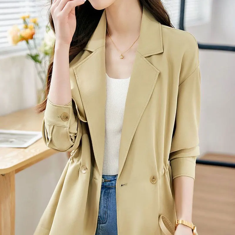 Female Clothing Solid Color Jackets Fashion Shirring Spring Autumn Long Sleeve Single Button Korean Loose Tailored Collar Coats