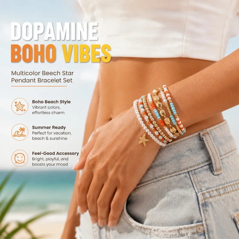 Multicolor Beech Star Pendant Bracelet Set for Women, Dopamine Boho Style Rice Bead Charm Bracelets, Summer Vacation Beach