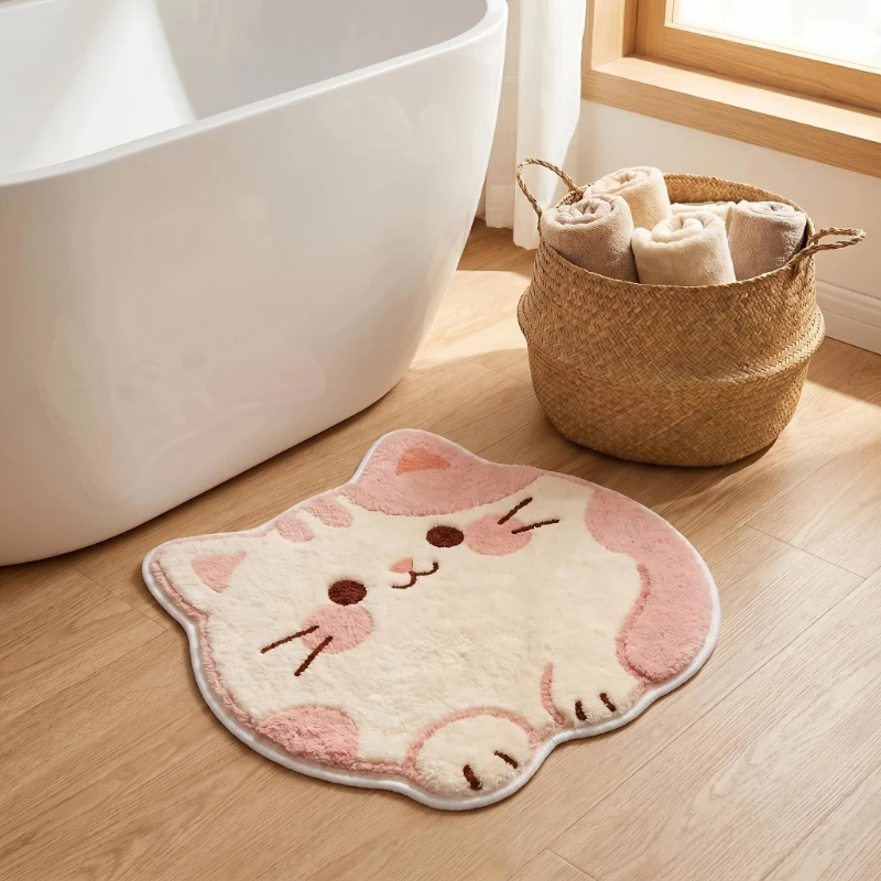 IKAMA Cute Cartoon Cat Shaped Bath Mat Soft Fluffy Kitten Design Non‑Slip Absorbent Rug for Bathroom Shower Room Home Decor