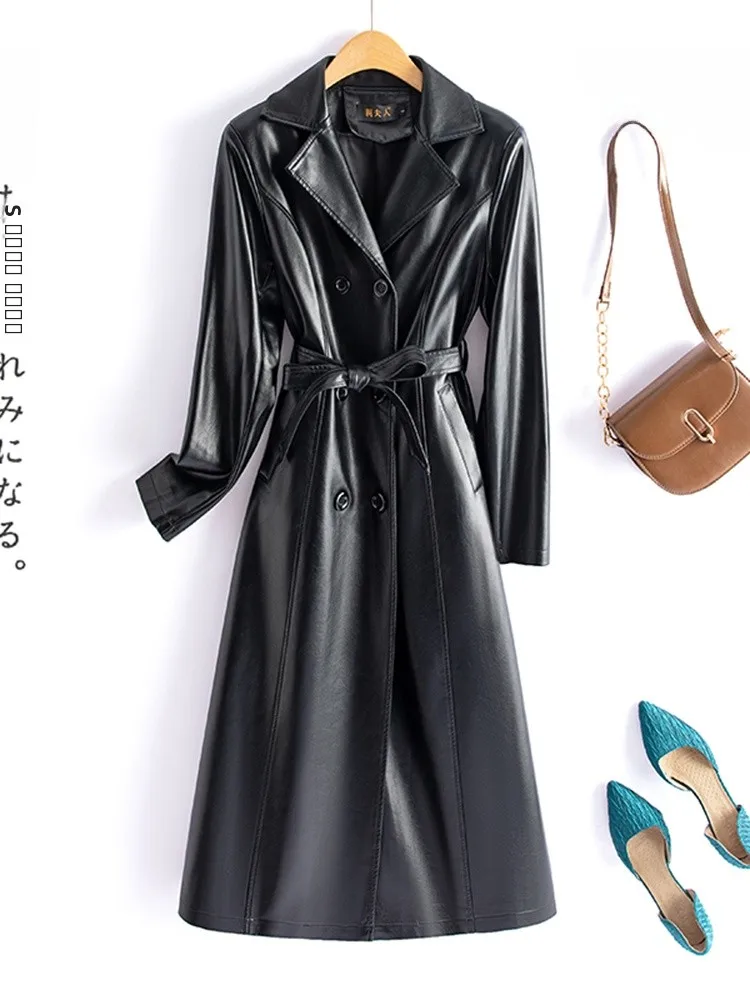   닝 정품 가죽 코트 여성용 중간 길이 무릎 위 2025 봄 가을 신상 한국 버전 슬림핏 양가죽 방풍...