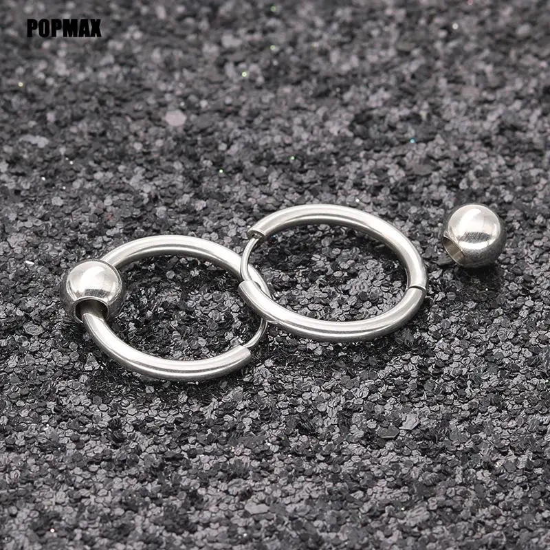 POPMAX 1 Pair Stainless Steel Hoop Earrings for Men Women Small Circle Metal Ball Anti-allergic Ear Buckle Rock Hip Hop Jewelry