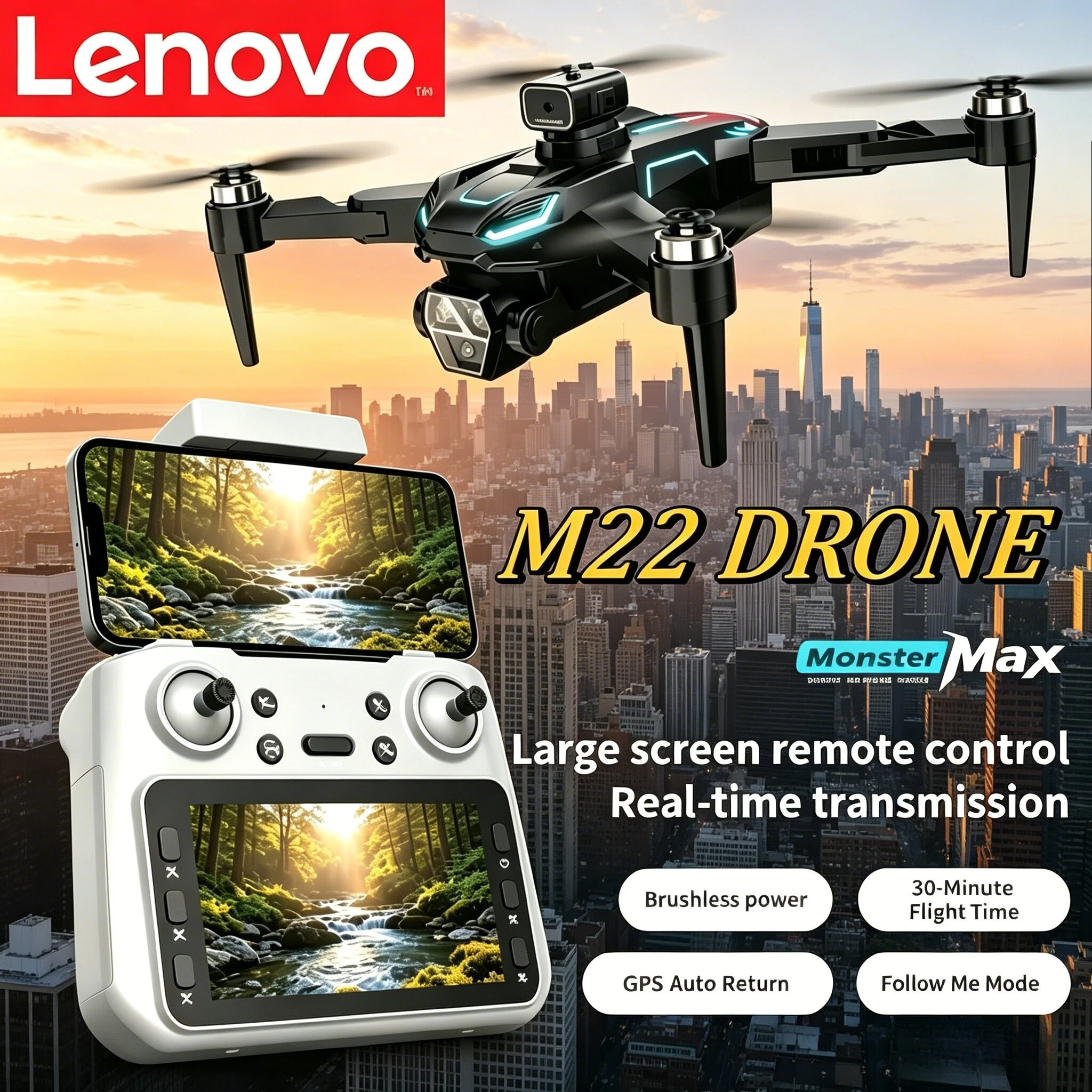 Dron Lenovo M22 Plegable con Cámara 8K HD, Flujo Óptico, Motor sin Escobillas, Batería de Larga Duración, Fotografía Aérea