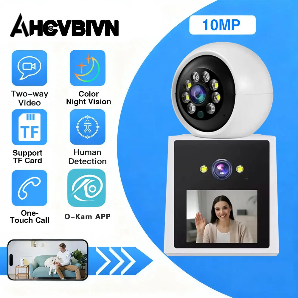 

4K 8 МП HD Wi-Fi PTZ видеоняня с двумя объективами и двумя экранами, функцией ответа на видеозвонки, автоматическим отслеживанием, двусторонней аудиосвязью и цветным ночным видением для помещений